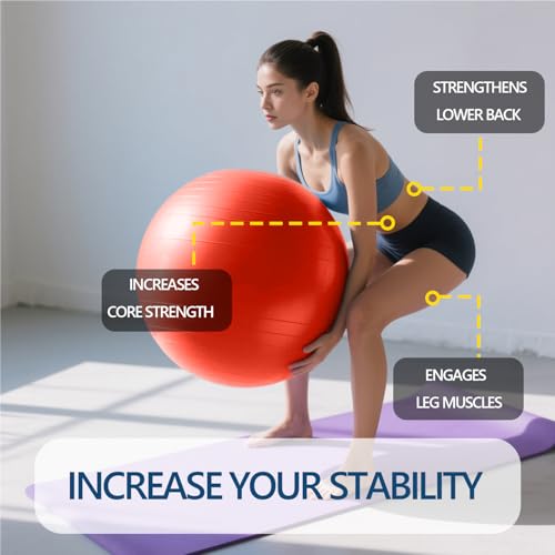 Image of Exercise Ball Pilates Yoga Ball Anti-Burst and Slip Resistant - for Fitness, Pregnancy, Stability, Balance, Core Workout - Red Training Ball w /Pump for Home Office Gym