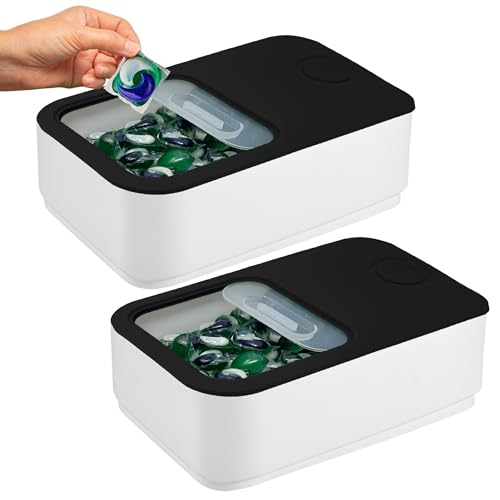 Materiale di alta qualità: questo contenitore per cialde è realizzato con una plastica robusta di alta qualità con una dimensione di 38,1 x 22,1 x 11,4 cm che può contenere fino a 5 kg di detersivo in polvere o fino a 150 cialde per bucato di dimensioni standard o 2 bottiglie di cialde per bucato