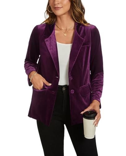 MINTLIMIT Womens Velvet Jacket Casual Work Office Long Sleeve Lapel Collar Button Blazer Jackets with Pockets Outerwear, Purple4