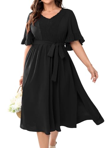 Image of SCOMCHIC Women's Plus Size Wedding Guest Dress Smocked V Neck Short Ruffle Sleeve Split Flowy Summer Cocktail Dresses