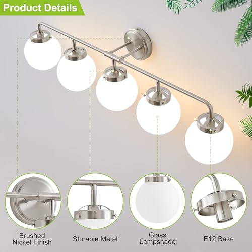 Image of Bathroom Light Fixtures 39in 5-Light Brushed Nickel Vanity Light for Mirror | Bathroom Lighting Fixtures over Mirror, ETL, Brushed Brass Wall Sconce, Dimmable E12 Base Max 60W, Milky Glass Ball Shades