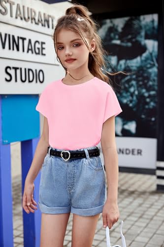 Image of Arshiner Girls Shirt Crop Tops Short Sleeve Summer Drop Shoulder Batwing Sleeve Crewneck Loose T Shirt Tee