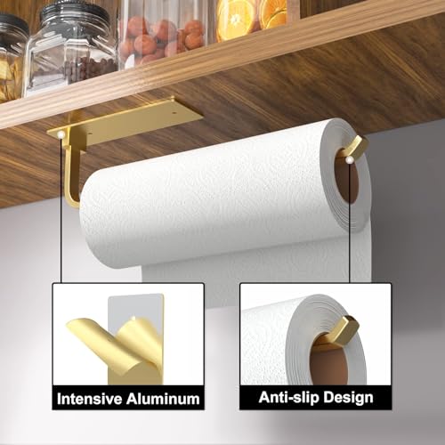 Paper Towel Holder - Self-Adhesive or Drilling, Gold, Upgraded Aluminum Kitchen Roll Dispenser Under Cabinet, Lighter but Stronger Than Stainless Steel! - Image 3