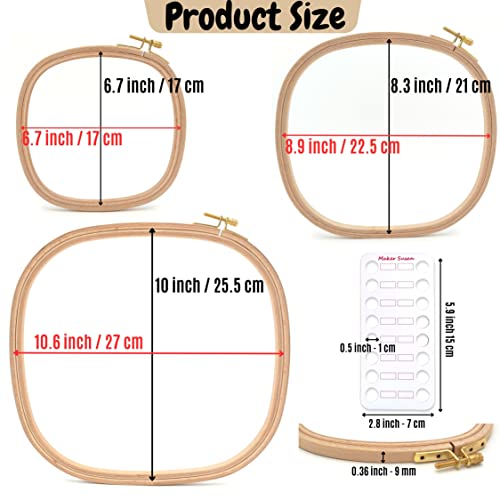 Image of Maker Susan 3 Pcs Beech Wood Square Embroidery Hoop Set, Premium Quality Cross Stitch Hoop and Frame, Punch Needle Hoop with Embroidery Thread-Floss Organizer Cards for Embroidery (3 Sizes Set)