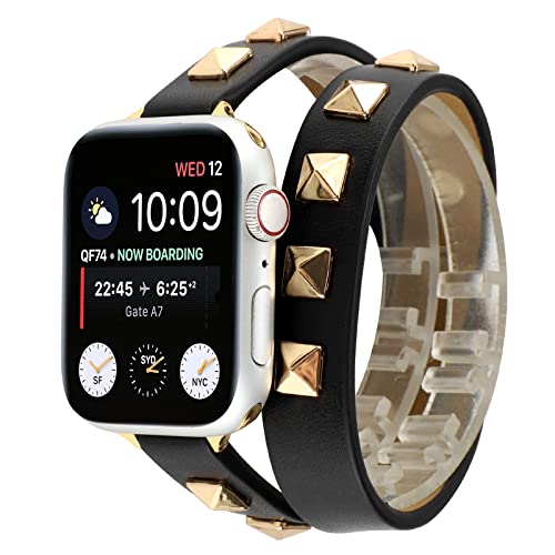 Leather Double Tour Slim Strap Studded Watch Band Rivets Studs Wristband Jewelry Narrow Bracelet Compatible with Apple Watch 38mm 40mm 41mm Series 8 7 6 SE 5 4 3 2 1, Black/Gold