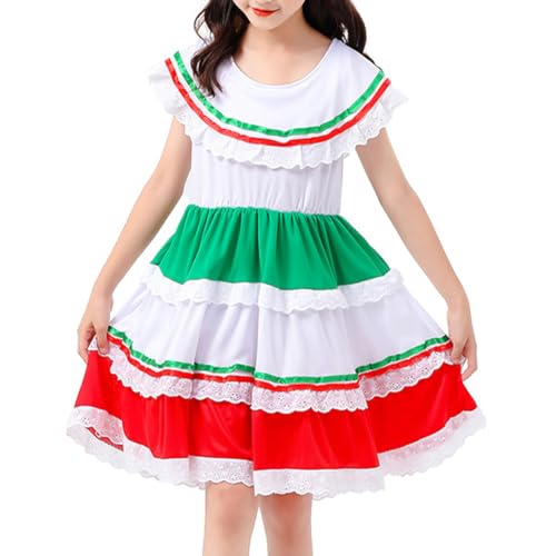 IKADEX Girls Mexican Dress Flounce Collar Rainbow Striped Cinco de Mayo Día de Muertos Dress