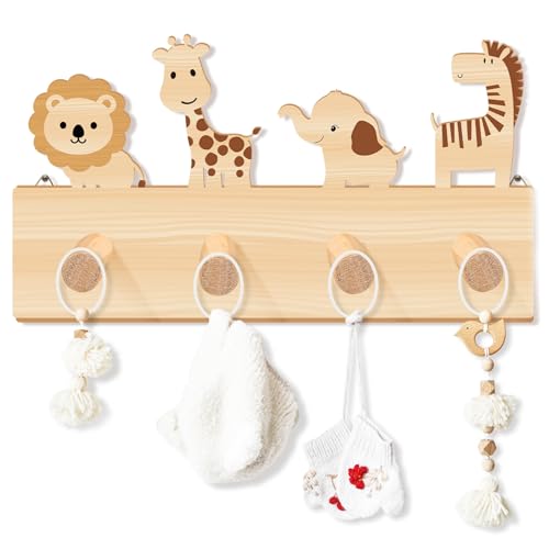 RattanView Safari Animal Decorative Wall Hook for Kids Jungle Forest Animals Wooden Coat Hook Hanger for Baby Nursery Playroom Bedroom Home Decor with Lion Elephant Zebra Giraffe(Safari Animal)