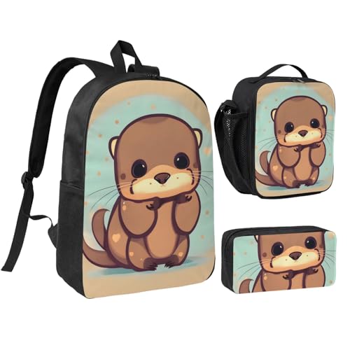 cute otter print Shoulder Bookbags Lunch Bag and Pen Case 17 inches Backpack with Lunch Box, Cute Bookbag Set