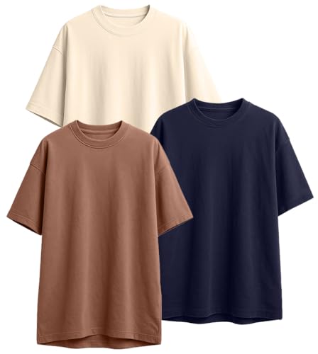 Image of Veirdo 100% Pure Cotton Drop Shoulder Oversized Baggy Fit Half Sleeve Plain Solid Round Neck Multicolor T-Shirt Combo for Men (Pack of 3) (Sizes S-2XL)