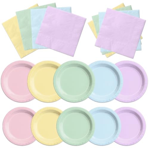 Image of CMUSKO Pastel Party Decorations-150Pcs Rainbow Plates and Napkins Pastel Colorful Tableware Serves 50,for Girl Birthday,Baby Shower,Wedding