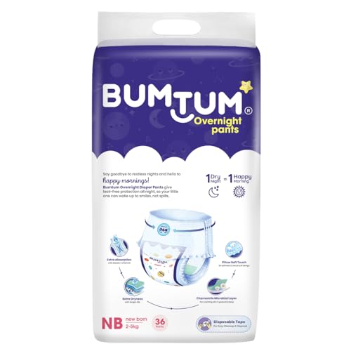 Image of Bumtum Baby Overnight Diaper Pants - Size NB (2-5 kg), 36 Count | All night Absorption with Pillow Soft Comfort | No Leak | 100% Rashfree | With soothing Chamomile Microbial Layer | Pack of 1