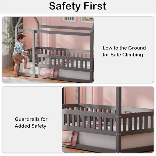 iRoll Twin Size House Floor Bed with High Safety Fence, Gray Wood Montessori Bed Frame with Slats for Kids, No Box Spring Needed, Easy Assembly for Secure & Independent Sleep
