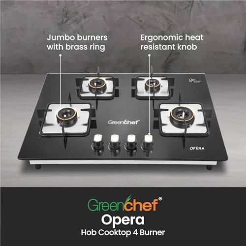 Greenchef Opera Hob top Four burner gas stove – Auto Ignition, Toughened Glass, LPG Compatible, Sleek and compact design - Image 2