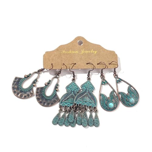 Image of Young & Forever Gift 3 Pairs Turquoise Bronze Vintage Earrings Bohemian Statement Earrings for Women Girls Retro Boho Drop Dangle Earrings Set for Women