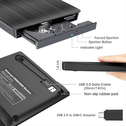 Image of ROOFULL USB 3.0 & USB-C External CD DVD Drive with Protective Carrying Case, Portable CD DVD Optical Disc Drive Reader Writer Burner Player for Laptop PC Windows 11 /10 Mac MacBook Linux OS