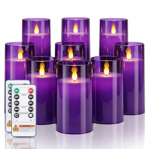 Image of Homemory Purple Flickering Flameless Candles, Battery Operated Acrylic LED Pillar Candles with Remote Control and Timer, Purple Decor, Set of 9