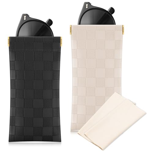 Image of Sightor Sunglasses Case, 2 Pcs Soft Eyeglass Cases Checkered Sunglass Case Portable Squeeze Top Leather Glasses Pouch