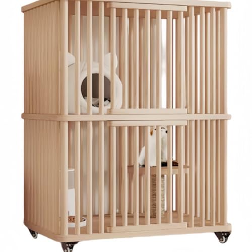 GrnArt 猫ケージ 多段式 木製 猫用フェンス 長方形 区画分けで掃除しやすい ペットケージ キャスター付き 広々空間 多頭飼い家庭向け 保護機能 脱走防止 組み立て簡単 (二層)