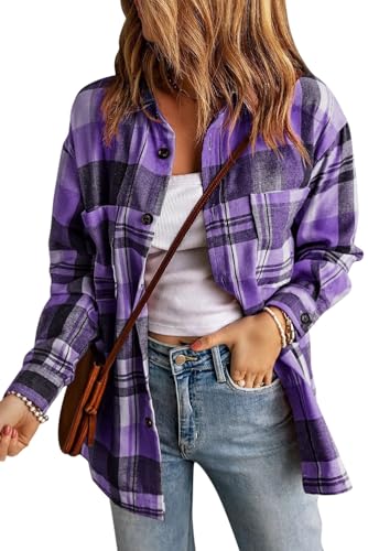 HERILIOS Womens Casual Flannel Plaid Shirts Oversized Lightweight Fall Shirt Coat Long Sleeve Button Down Shirts Blouse Tops Purple