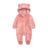 Baby Girls Cute Romper Cartoon Bear Pattern Snowsuit Fleece Hooded Footies Jumpsuit for 0-3 Month Baby Pink
