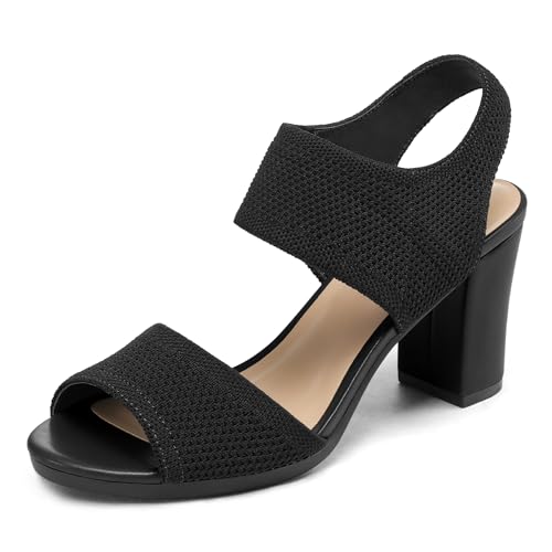 mysoft Women's Chunky Block High Heels Elastic Knit Open Toe Slingback Heeled Sandals