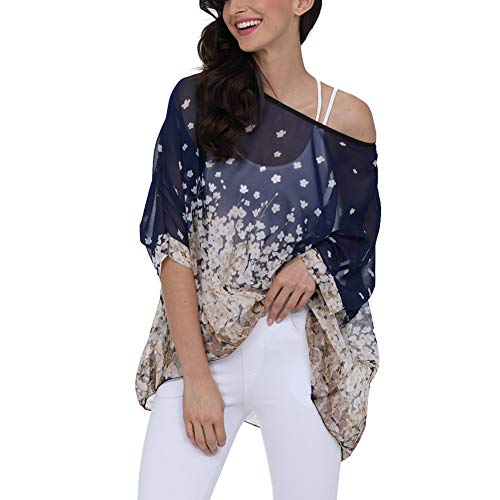 Image of Ckikiou Plus Size Batwing Flowy Semi Sheer Chiffon Blouse Tunic for Women Summer Floral Print Boho Beach Cover ups