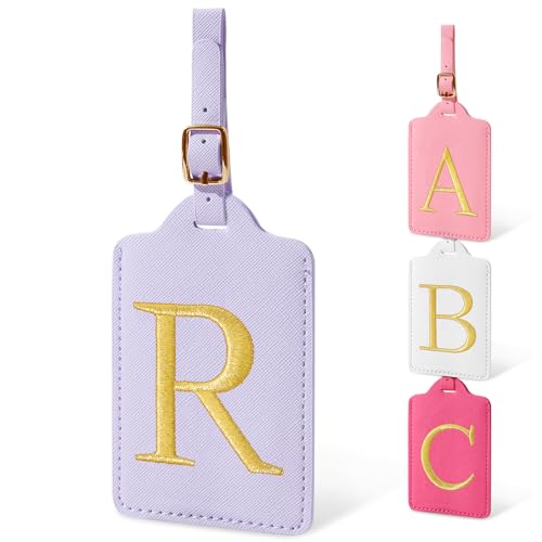 Image of Personalized Initial Luggage Tags for Suitcases, Cute PU Leather Embroidered Letter Travel Luggage Tags, Suitcase Identifier Name Baggage Tag, Bag Tags for Men Women Kids Luggage Handbags(Purple R)