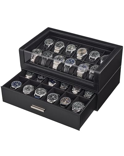 Image of ProCase Watch Box for Men, 24 Slots Watch Display Holder with Clear Acrylic Top, Large Capacity PU Leather Case with Drawer Organizer, Jewelry Storage, Ideal Gift for Men Women -Black