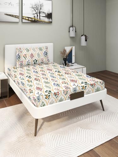 Image of Blue Strip 220TC Glace Cotton Elastic Fitted Bedsheets Single Bed with 1 Pillow Cover | Single Bed with All Around Elastic, Size 42 inch x 75 inch Inches