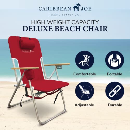 Caribbean Joe Folding Beach Chair, 4 Position Portable Backpack Foldable Camping Chair With Headrest, Cup Holder, And Wooden Armrests, Red, 33.5"D X 3"W X 25"H #TOP1
