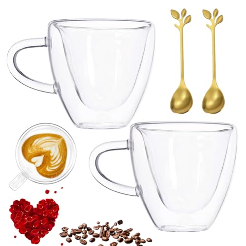 Gohytal 2er Doppelwandige Kaffeegläser mit Löffel, 180ml Herz Glas Kaffeetassen, Isoliergläser mit Griff für Tee Milch, Geschenk für Paare & Frauen zu Muttertag/Hochzeit/Vatertag