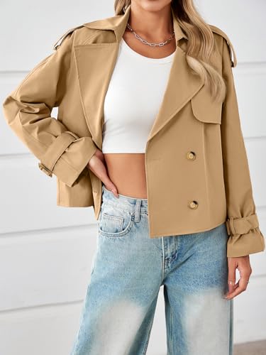 Tankaneo Womens Cropped Trench Coat Oversized Double Breasted Lapel Long Sleeve Short Jacket Fashion Outerwear3