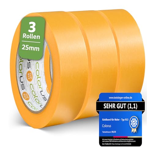 3 x Colorus Profi Maler-Goldband 25 mm x 50 m Soft Tape Klebeband | Malerband-Klebeband für scharfe Kanten beim Streichen und lackieren | Für glatte und leicht strukturierte Untergründe