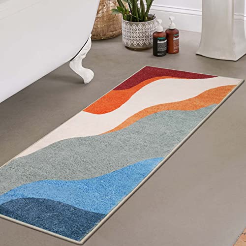 Haocoo Retro Bathroom Runner Rugs, 18''X47'' Colorful Abstract Non-Slip Long Bath Mat, Small Geometric Aesthetic Hippie Washable Bath Rugs Cute Rainbow For Indoor Bedroom Entrance Hallway Laundry Room #TOP23