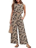 GRECERELLE Two Piece Sets for Women Sleeveless Crop Top Wide Leg Pants Sweat Set for Women 2025 Summer Khaki Black Flower-L