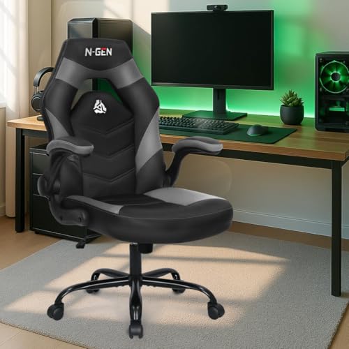 N-GEN GAMING Video Gaming Chair Ergonomic Office Desk Chair with Lumbar Support Adjustable Height Padded Flip Up Arms and Swivel Wheels Racing Style Design for Adults with PU Leather (Grey) - Image 3