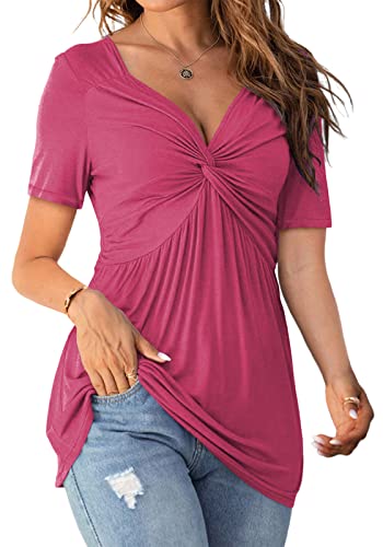 Image of Tankaneo Womens Front Knotted V-Neck Blouse T Shirt Short Sleeve Oversized Tunic Tops Summer Solid Pullover Tees