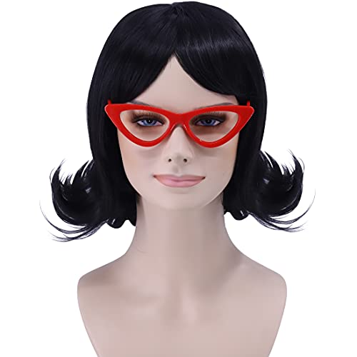 Hulaidywig 16   Short Black Flip Bob Wigs for Women with Glasses Cosplay Halloween Costume Wigs (Black + Red Glasses)