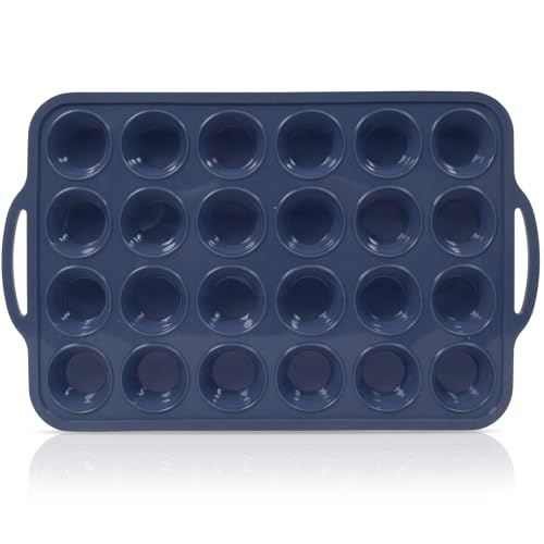 Vnray Mini Silicone Muffin Pan with Metal Frame, Non Stick Silicone Cupcake Pan with Handles 24 Cup, BPA Free Silicon Muffin Tin Tray Small for baking, egg bites, Cupcake Mold Grey