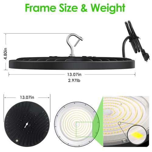 WinWatt LED High Bay Light ECO 200W, 15' UFO Ceiling Lighting Fixture w/Plug for Garage Shop Warehouse Workshop, 5000k 20000lm Non-Dimmable IP65 (1-Pack White)