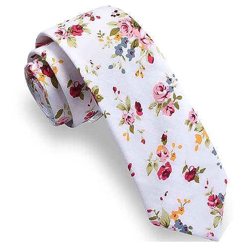 Image of GUSLESON Fashion 2.4 inch（6cm） Floral Skinny Tie for Men Slim Flower Print Cotton Necktie for Wedding Party