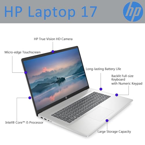 Image of HP 17 Inch Laptop, Intel Core i5-1155G7 Processor, 17.3 inch HD+ Touchscreen, 16GB RAM, 512GB SSD, Windows 11 Home, Backlit Keyboard, Natural Silver, Alpacatec Accessory (Renewed Laptop)