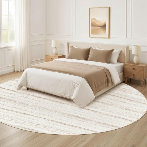 Nakagishi Round Rug Boho Area Rugs: 8x8 Washable Large Circle Neutral Soft Stain Resistant Non-Slip Carpet for Women Aged 25-45 Farmhouse Decor Enthusiasts - Living Room Bedroom Dining Room Nursery