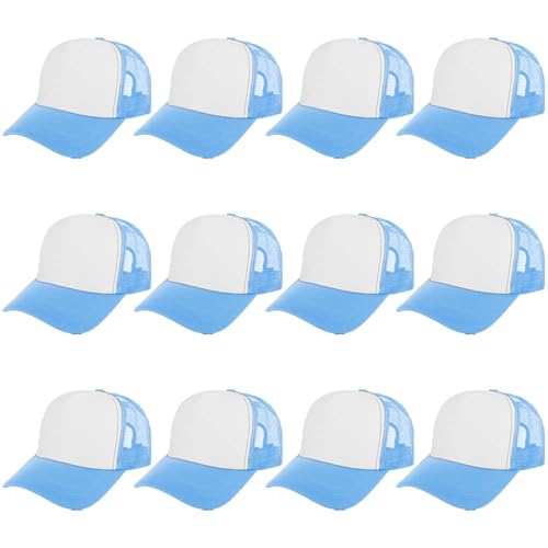 ZH 12 Pcs Sublimation Trucker Hats Blank Mesh Baseball Cap Polyester Bulk Mesh Trucker Hat for Men and Women Light Blue