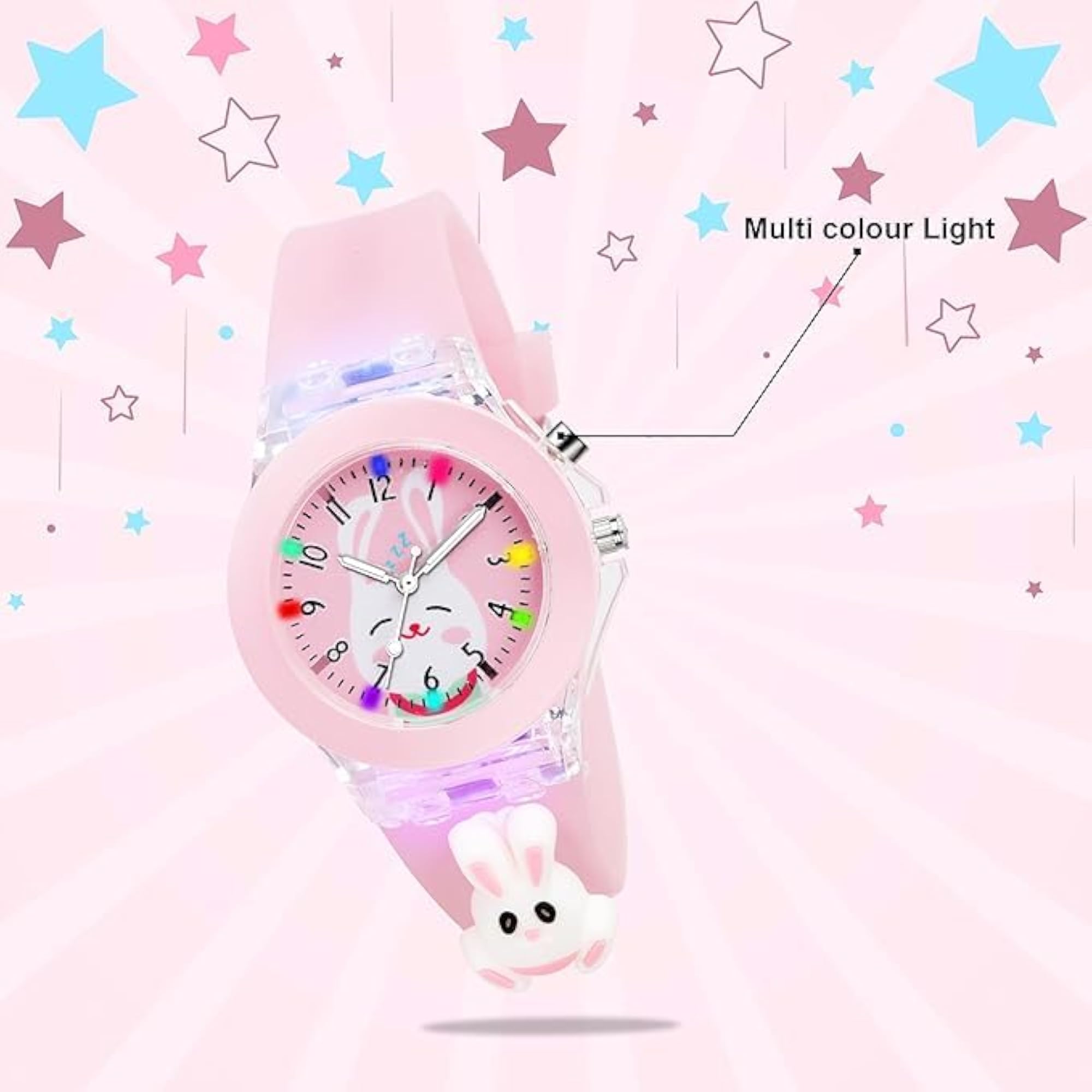 Kids 3D Cartoon Analog Watch with Lights, Pink Character Strap