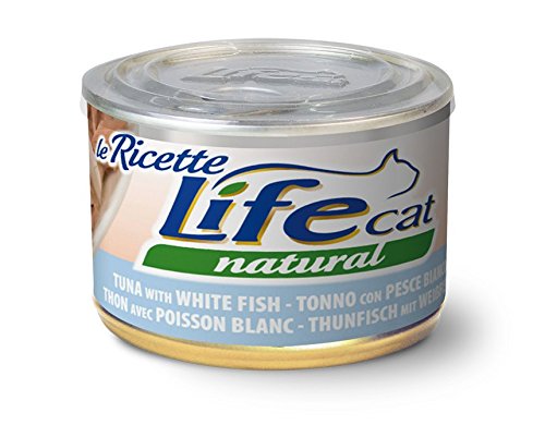 Life Natural Cat Ricette Umido per Gatti 8 x 150g con Ingredienti di Alta Qualità – Cotto al Vapore, Senza Conservanti né Additivi – Maxi Formato con Tappo Salva Sprechi (Tonno e Pesce Bianco)