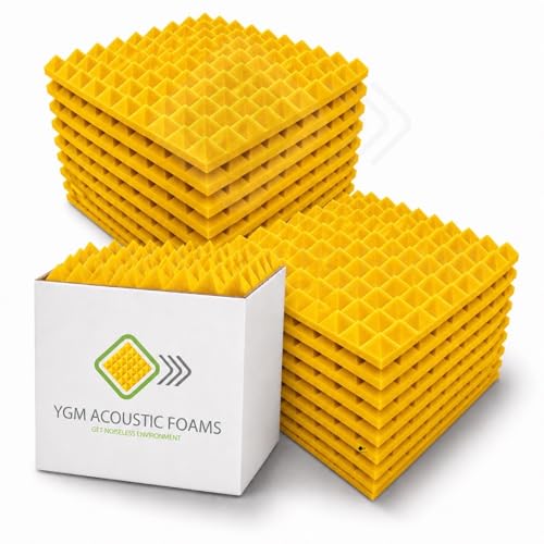 Image of YGM Acoustic Foams Pyramid Acoustic Panels 1 Foot x 1 Foot x 1 inch Thick | 50 Density Acoustical Sound Proof Foam for Room & Studio | Echo Reduction & Noise Absorption (Yellow, Set of 54)