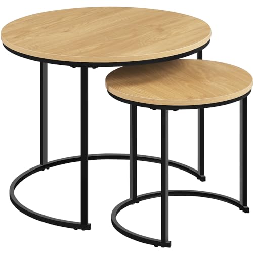 Yaheetech Juego de 2 Mesa de Centro Redonda Anidable con Patas de Metal Set 2 Mesa de Centro Nido Maderna de Café Rustica para Salón Mesa Auxiliar 60x60x50,5cm Roble Claro