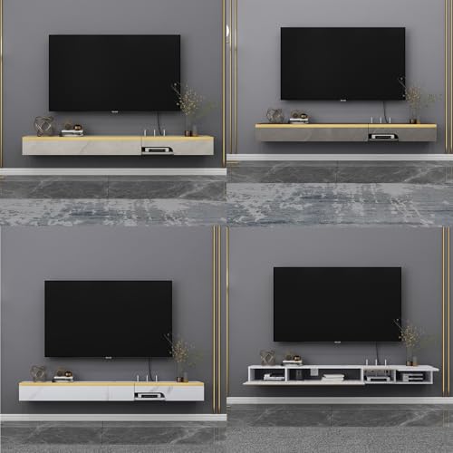Meuble TV suspendu de 120cm gris, console multimédia murale compacte à porte rabattable