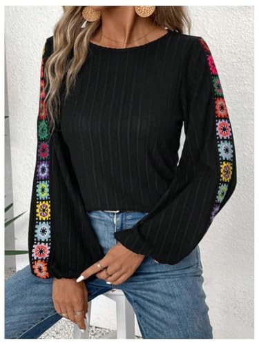 Women's Floral Embroidery Long Sleeve T Shirts Crew Neck Ribbed Knit T Shirt Casual Fall Tops4